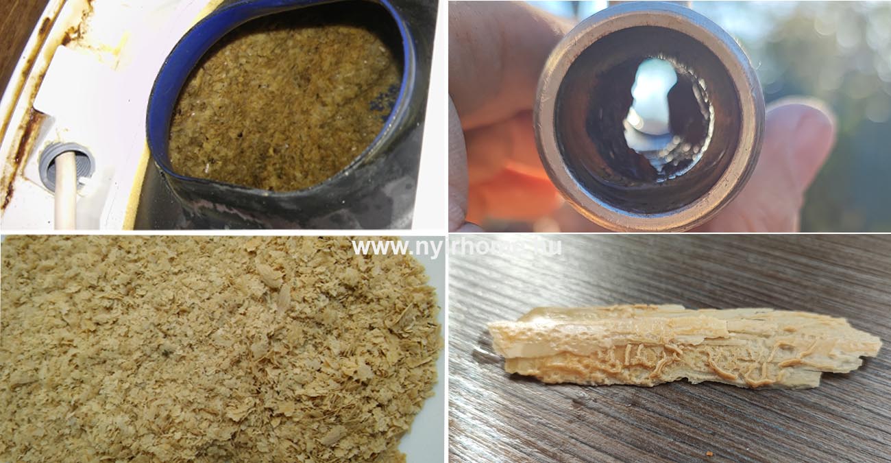 Vízkő elleni védekezés útmutató: Vízlágyítás és vízkőmentesítés 3 Szétszerelt villanybojler belseje vastag vízkőlerakódással, elvízkövesedett gömbcsap és egy 10 cm-es levált vízkődarab.