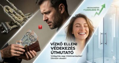 Blog 2 Vízkő elleni védekezés. Vízlágyító és vízkőmentesítés előnyei: egy gondterhelt férfi üres pénztárcával és egy boldog nő tiszta pohár vízzel.