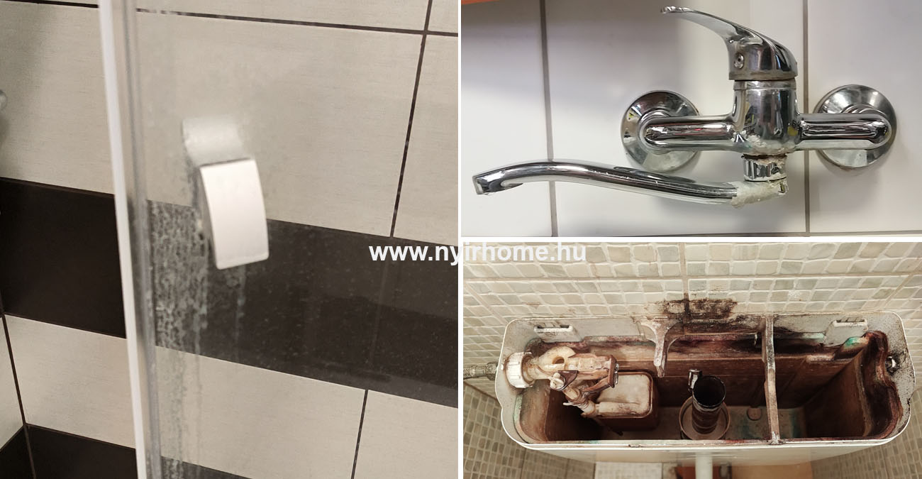 Vízkő elleni védekezés útmutató: Vízlágyítás és vízkőmentesítés 2 Igen, a 2. képnél (Zuhanykabinos montázs) – amit az „1. A kemény víz látható és rejtett jelei” fejezet utánra terveztünk – a cél a háztartási károk bemutatása. Itt vannak a SEO beállítások ehhez a képhez: 2. Kép: Zuhanykabinos, csapos, WC-tartályos montázs 1. Helyettesítő szöveg (Alt Text): Vízköves matt zuhanykabin üvegajtó, foltos króm csaptelep és barna vízkőlerakódás egy WC tartály belsejében.