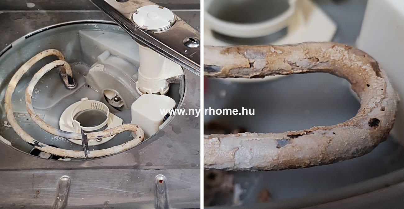 Vízkő elleni védekezés útmutató: Vízlágyítás és vízkőmentesítés 4 Mosogatógép vízköves fűtőszála két nézetben: bal oldalon a teljes alkatrész, jobb oldalon a vastag vízkőréteg közeli, kinagyított részlete.