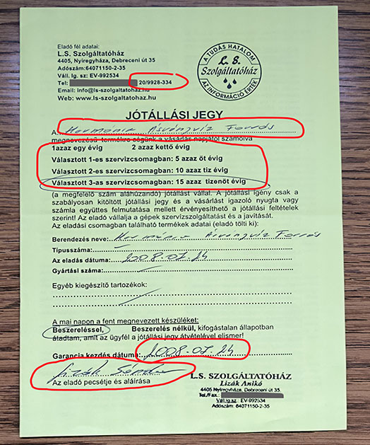 Víztisztító garancia kérdések: Visszakaptunk egy 2008-as jótállási jegyet 1 víztisztító garanciajegy 15 év garanciára kiállítva